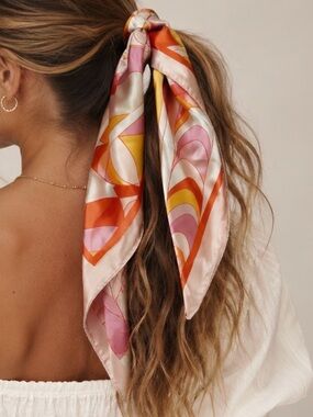 Silky Satin Pink, Lilac & Orange Print Hair Scarf